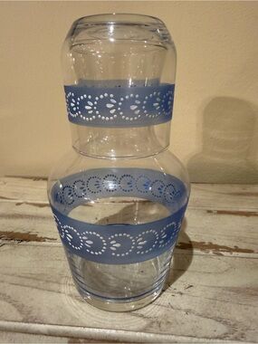 Vintage Mid Century Blue Frosted Lace Dot Bedside Carafe & Tumbler Tumble Up Set